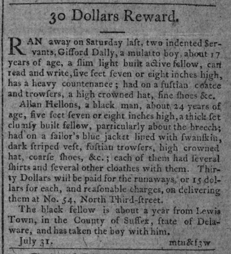 September 1797 Philadelphia advertisement to recover two fugitive slaves.